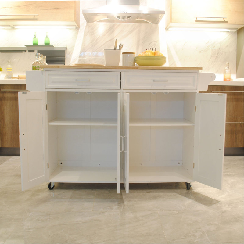 Kitchen Island & Kitchen Cart, Mobile Kitchen Island, Rubber Wood Top, Big & Adjustable Shelf Inside Cabinet For Different Utensils, Luxury Design Fits Party At Different Site.