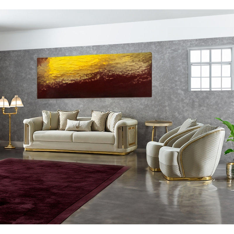 Ensemble de salon en velours 3 pièces Fassold, Velours crème