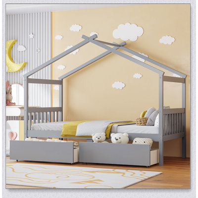Wooden House Bed With Drawers