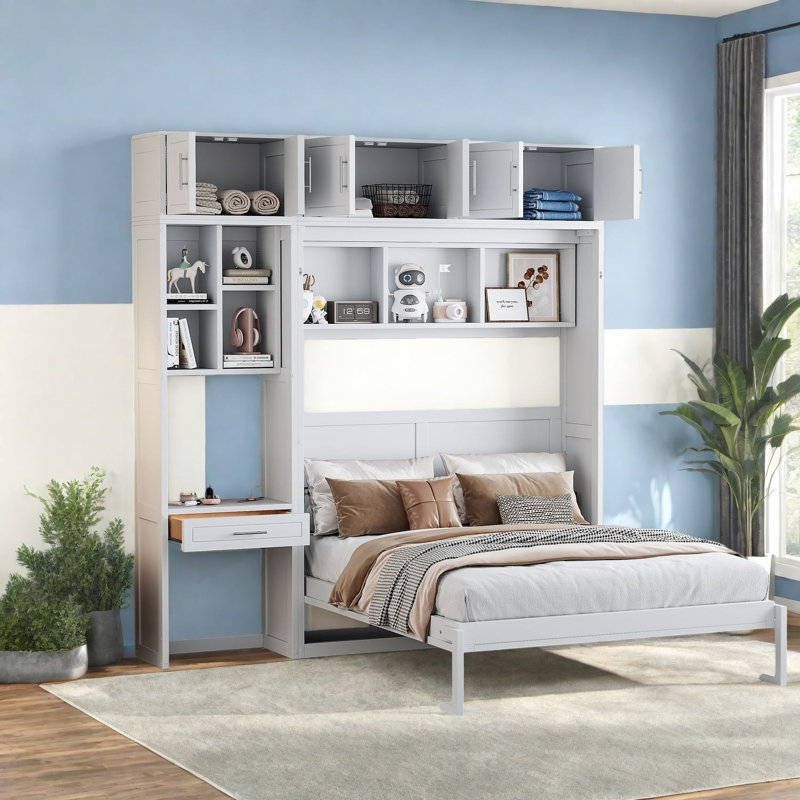 Grands lits peu encombrants avec bureau et rangement, style moderne, solution compacte pour la maison