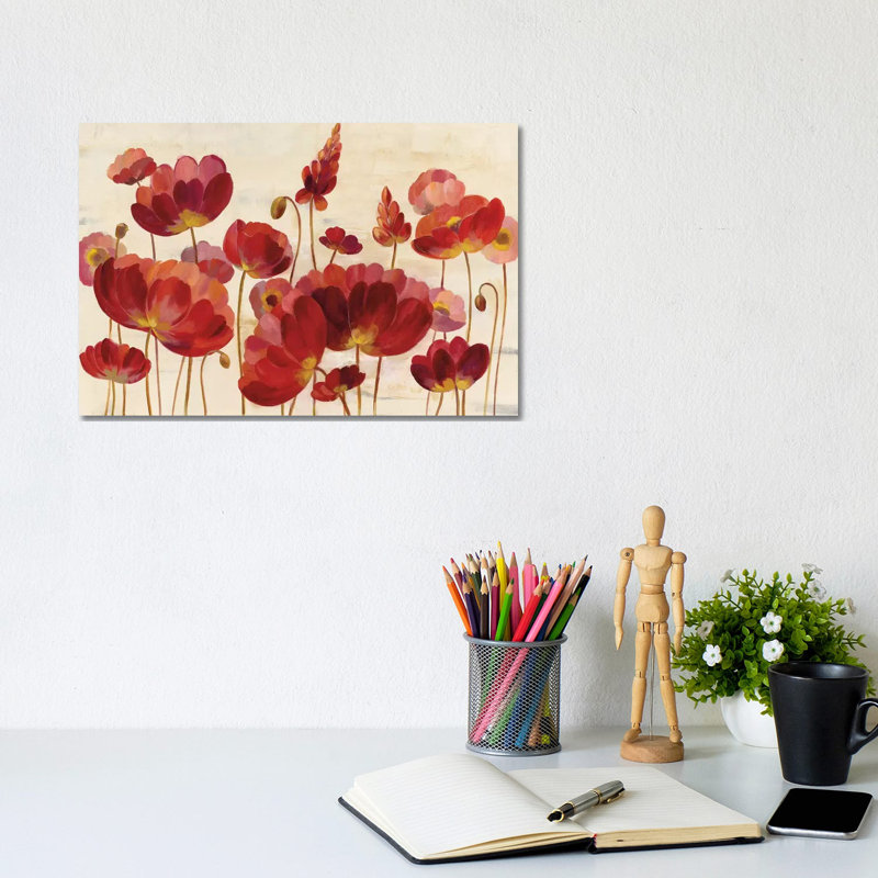 Red Flowers on Cream 1 Piece Wrapped Canvas Painting, 20.32cm H x 30.48cm W x 1.91cm D