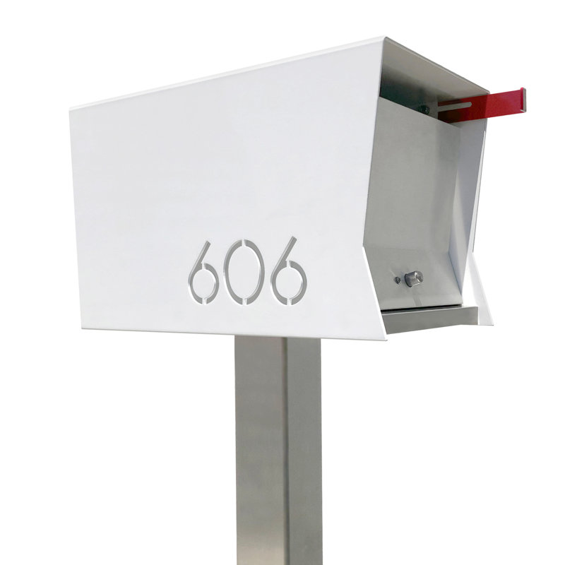 RetroBox Post Mounted Mailbox, White/Stainless Steel