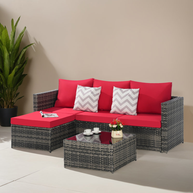 Ensemble de canapé modulaire en rotin pour l'extérieur 3 pièces pour jardin, cour et balcon, Rouge
