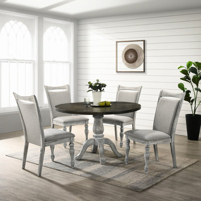 5 ensembles de salle à manger, table ronde avec 4 chaises rembourrées, arrangement blanc vieilli et gris, piédestal et aspect blanc / gris