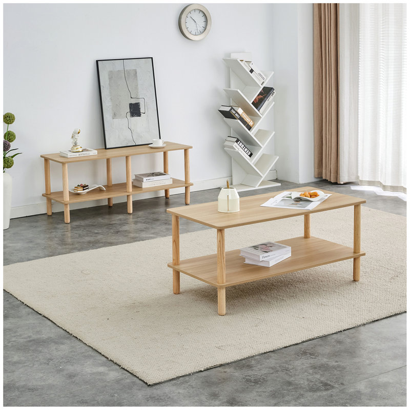 Modern 2-Tier TV Stand for Living Room Furniture,Rectangular Centre Table with Open Storage Shelf,Rounded Rubberwood legs,Stable and Durable,Easy Assembly