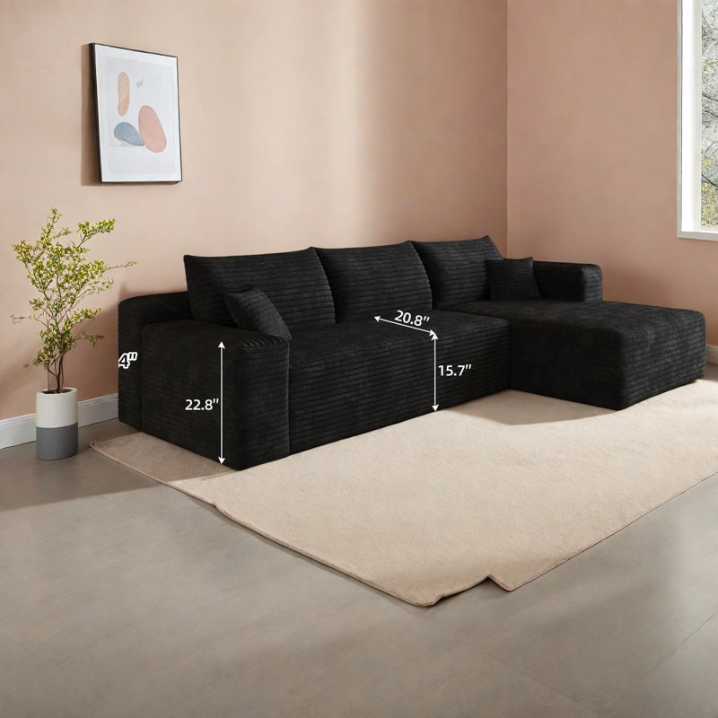 Canapé modulaire en velours côtelé de 103 po sans assemblage, sans assemblage, noir moderne