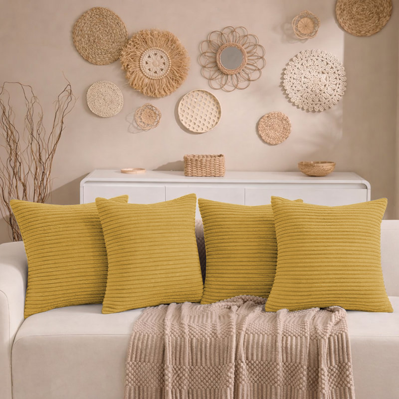 Aspire Homeware Striped Square Velvet Cushion Cover, Pack of 4, Ochre