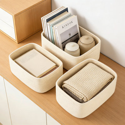 Ensemble de 3 petits paniers de rangement tissés à la main en corde de coton naturel avec poignées pour tablettes, placard, chambre de bébé et décoration intérieure
