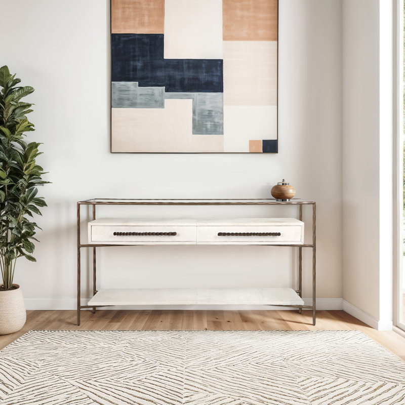 Lanieux Modern Metal & Wood Console Table with Glass Top, 60" Entryway Table with Two Drawers, Black & Gold Finish, Stylish Living Room, Office, Bedroom Storage Accent