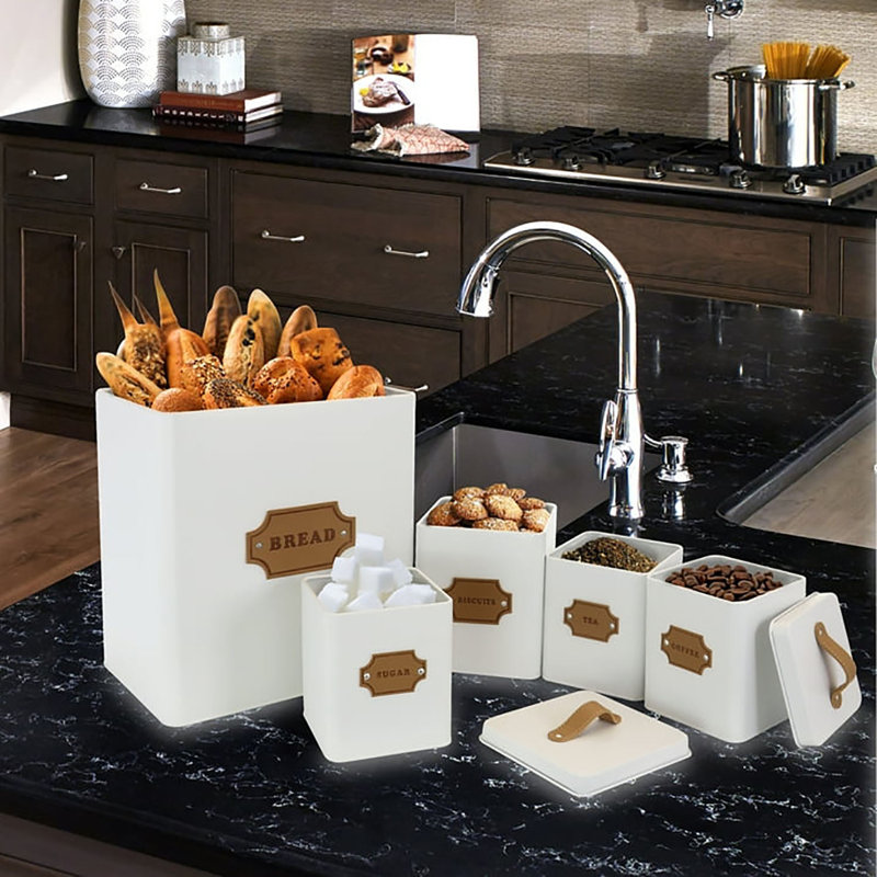 Ensemble de 5 boîtes de rangement et de rangement pour aliments Megachef - Boîte à pain en métal et boîte à biscuits avec couvercles