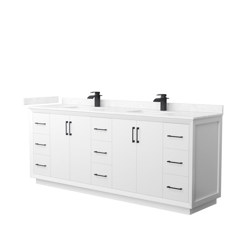 84'' Double Bathroom Vanity with Cultured Marble Top, Black, White, Carrara Cultured Marble