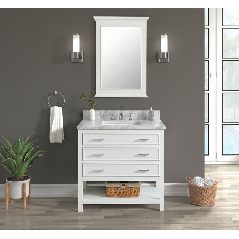 Ensemble de meuble-lavabo simple 36 po avec plateau en marbre de qualité supérieure Pamula, blanc colombe, Blanc doux