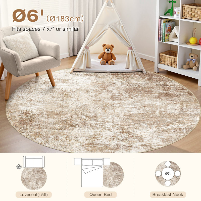 Washable Retro Abstract Rug, Stain Resistant Carpet for High Traffic Areas, Round 6'
