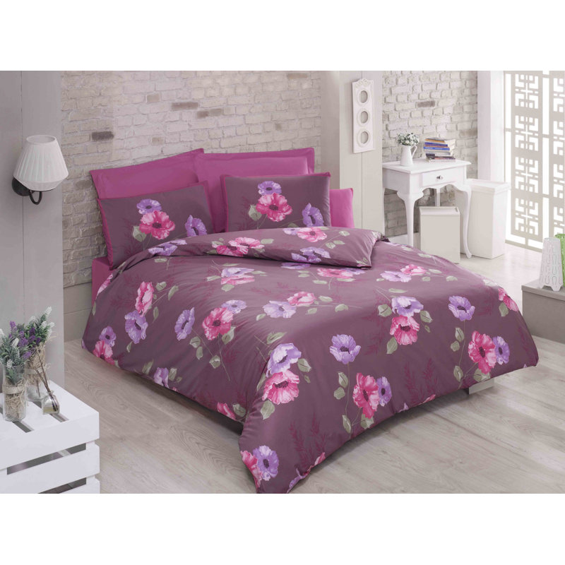 Ensemble de housse de couette 100% coton rouge / lilas / rose Hague, Housse de couette 63 "x 87" + 2 pièces supplémen