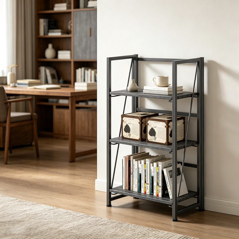 Bibliothèque pliante, étagère de rangement à 3 niveaux pour bureau à domicile, sans assemblage, Gris/noir