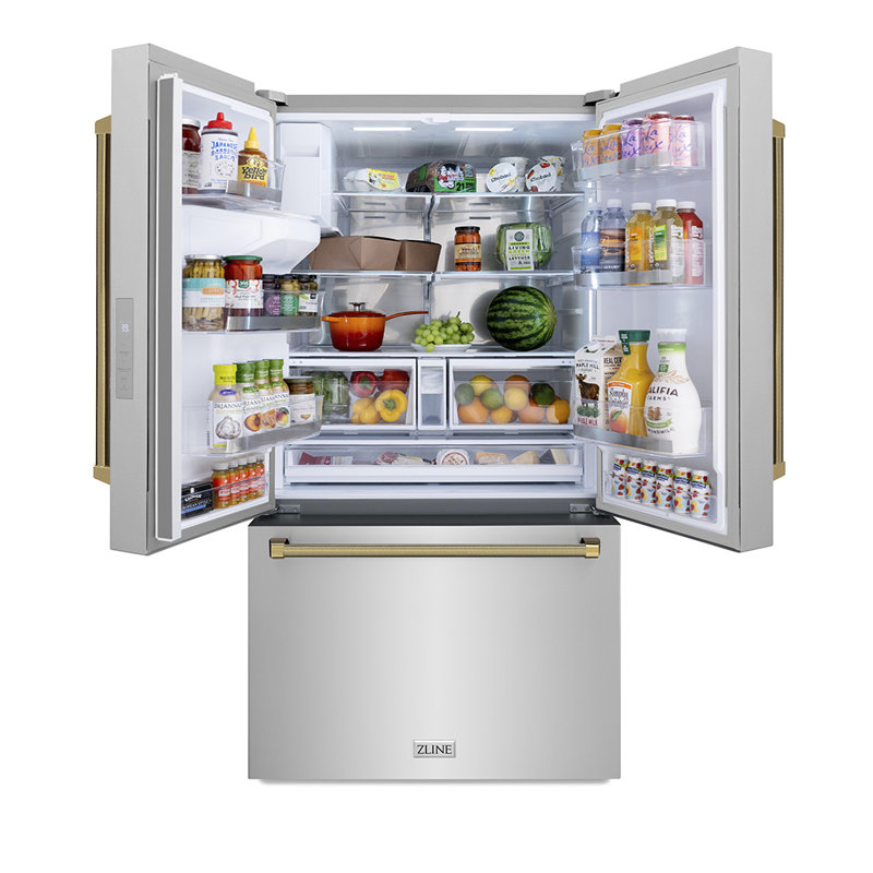 ZLINE Autograph 36 in. Stainless Standard-Depth Fridge w/ Dual Ice Maker & Nickel Helix Handles, Gold