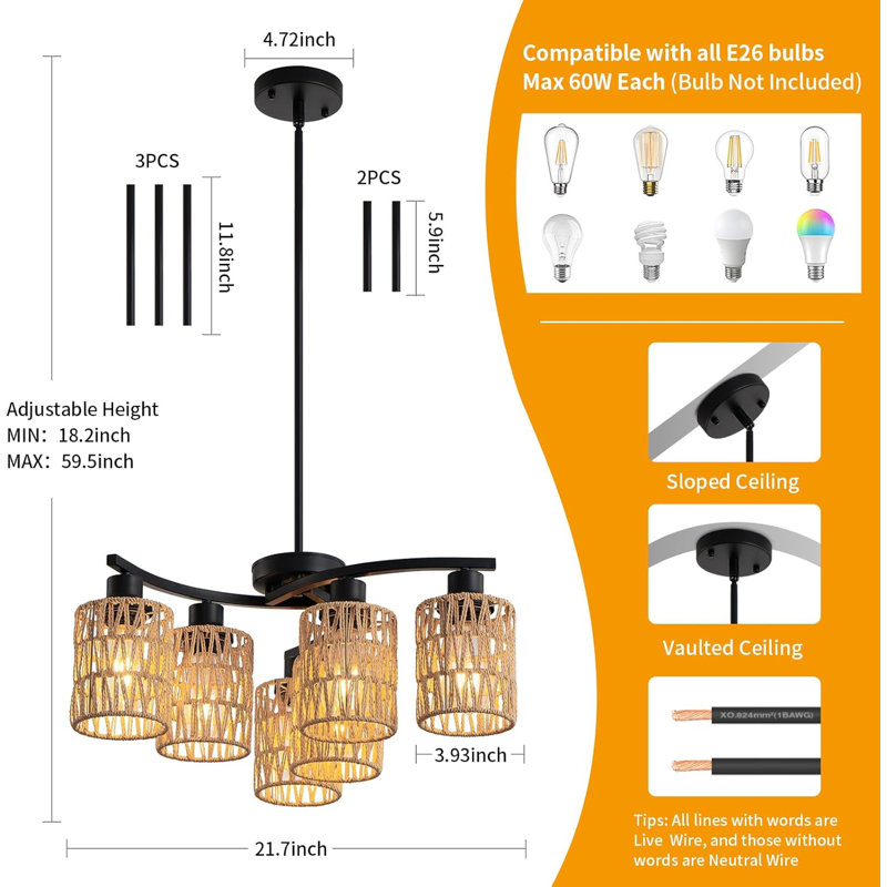 Lustre en rotin Boho avec hauteur réglable, luminaire suspendu de style campagnard pour salle à manger et îlot de cuisine, abat-jour en osier
