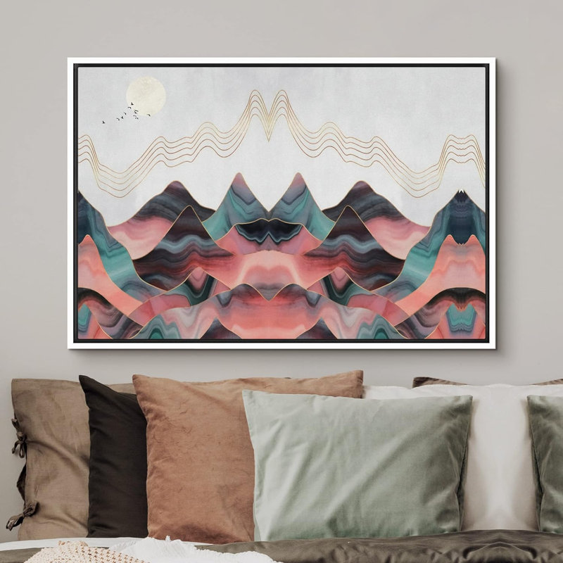 Sun Mountain Range, symétrique, rose et bleu sarcelle, montagnes, paysage sauvage abstrait, art moderne rustique, impression sur toile encadrée