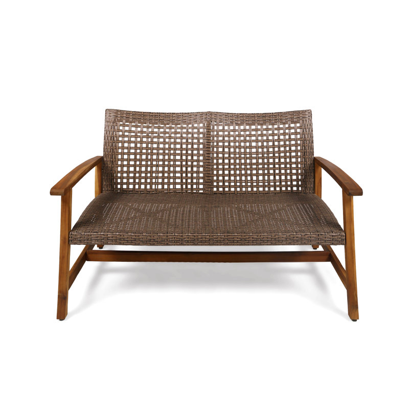 Outdoor Acacia Wood Wicker Loveseat, Patio Furniture Conversation Set For Backyard, Brown