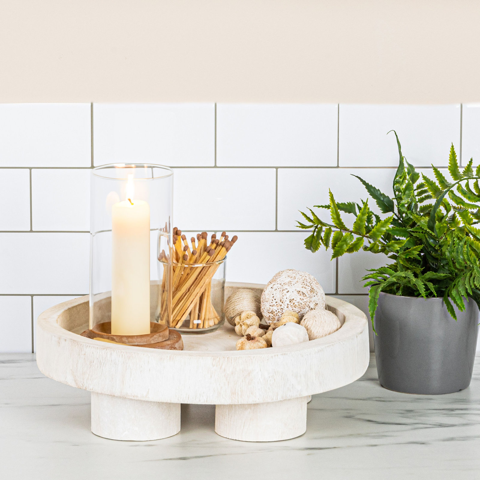 Paulownia Wood Dessert Pedestal Tray, White Washed