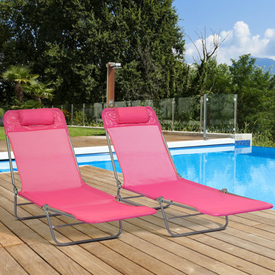 2 Piece Folding Chaise Lounge Chairs, Pool Sun Tanning Chairs, Outdoor Lounge Chairs With 6-Position Reclining Back, Breathable Mesh Seat, Headrest For Beach, Yard, Patio, Pink