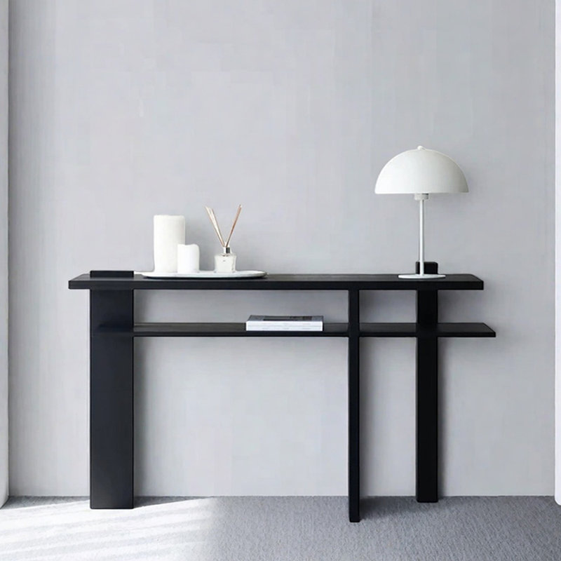 Mid-Century Modern Oak Black Console Table, 33.5" H x 63" W x 15.7" D