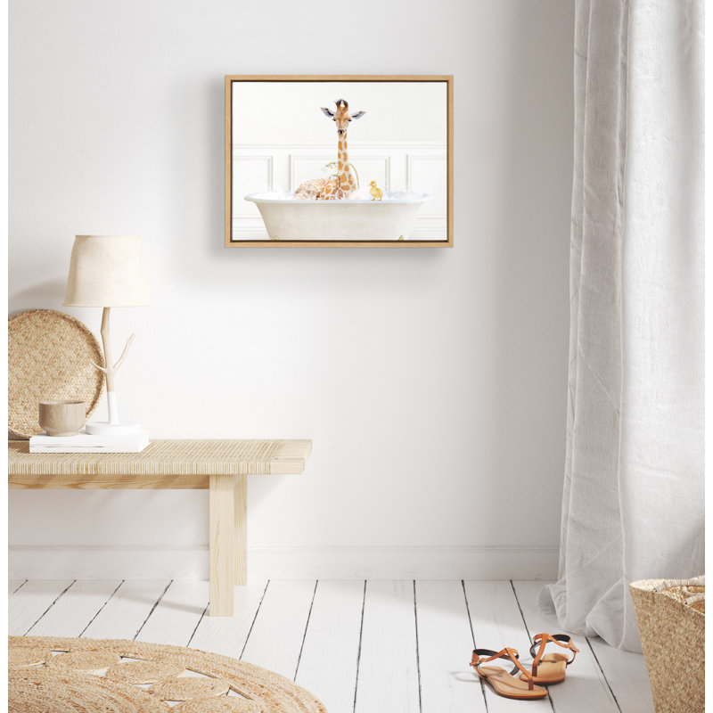 Giraffe In Bubble Bath Neutral Style by Amy Peterson Framed Canvas Wall Art Print, Natural