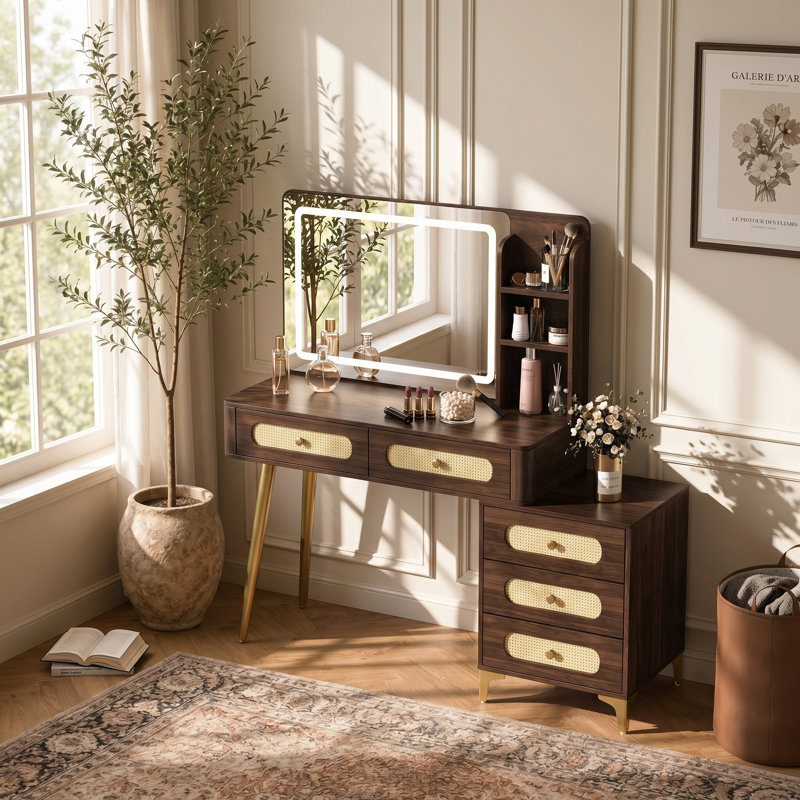 47" Rattan-Textured Makeup Vanity Desk with Lighted Mirror, 13.8" Slim Depth Dressing Table, Boho Makeup Vanity with 5 Drawers and Storage Shelves