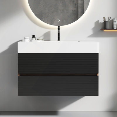 Meuble-lavabo de 36 po avec lavabo à surface solide blanc brillant et tiroirs noirs doux, meuble-lavabo mural flottant pour salle de bain moderne, lavabo une pièce sans drain et robinet