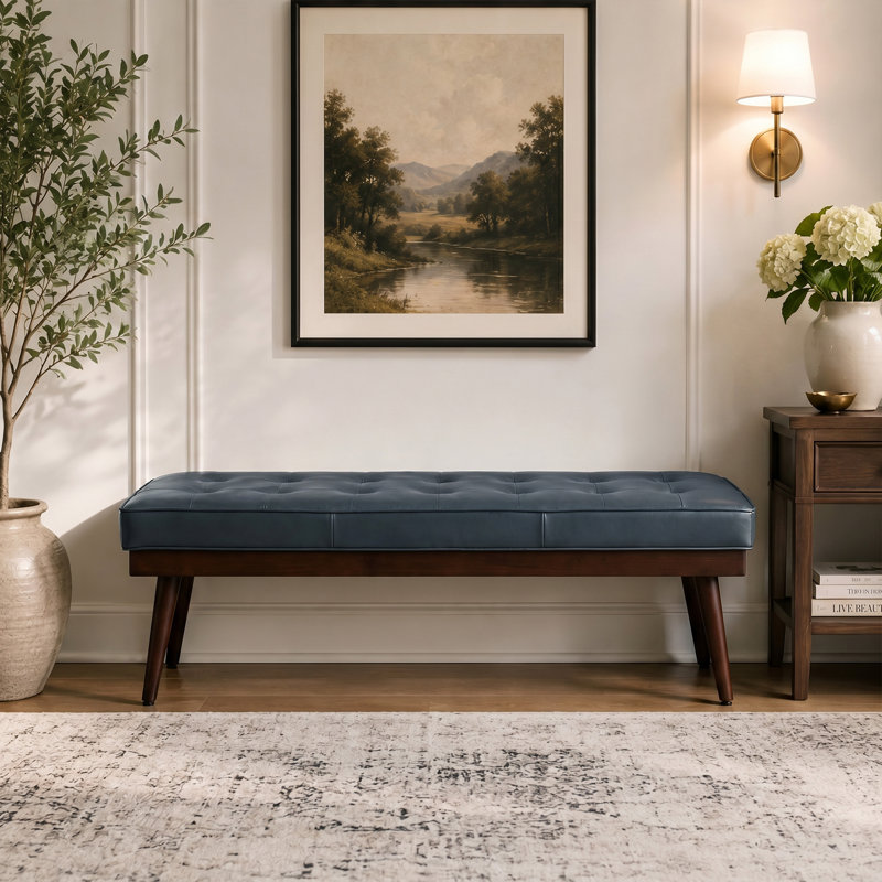 Mid - Century Modern Tufted Genuine Leather Bench with Solid Wood Legs, Blue
