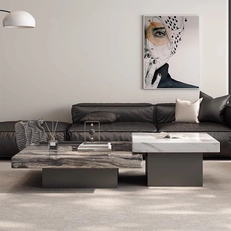 Table basse carrée en marbre italien, 17.7" H x 59" W x 35.4" D, Noir / Blanc / Doré
