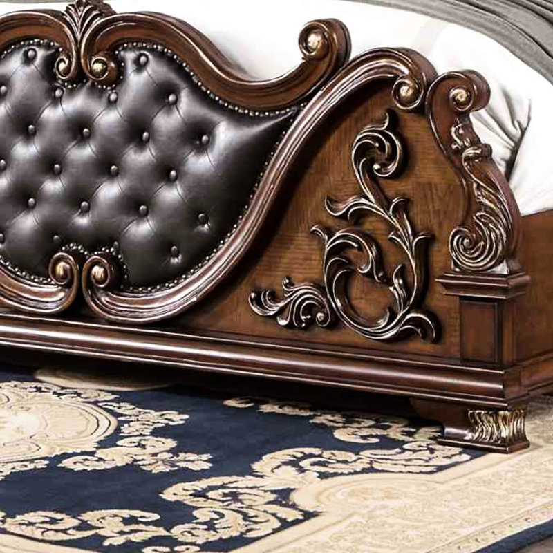Grand lit de luxe grand, style traditionnel, cerisier brun, bois massif et marbre