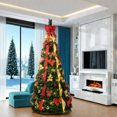 Pre-Lit Christmas Trees, 7.5 Ft Metal PVC Pop Up Modern Decor for Home