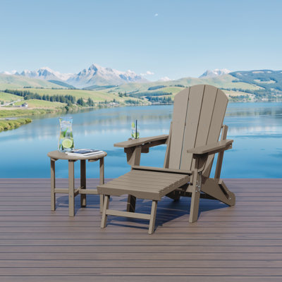 Outdoor Folding Adjustable Adirondack Chair With Hideaway Ottoman & Round Side Table