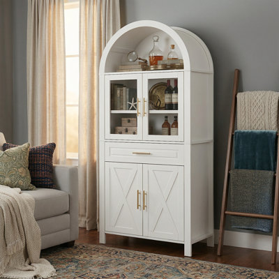 71" Tall Arched Kitchen Pantry Cabinet With Glass Door - Farmhouse Storage Cupboard With 2 Adjustable Shelves & 1 Drawer - 31.5" Wide Display Hutch - Black
