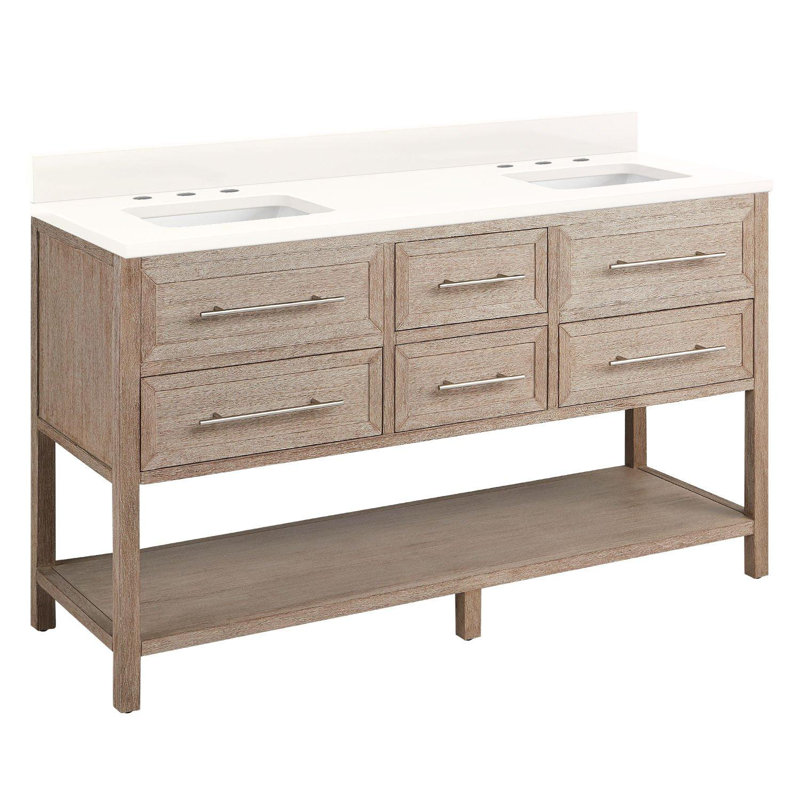 60" Robertson Double Bathroom Vanity Set with Rectangular Undermount Sinks, White, 8" Widespread, Arctic White Quartz