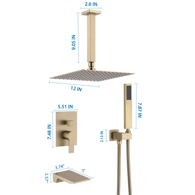 Douche de 12 pouces avec douchette de baignoire en cascade et douchette pivotante au fini or brossé, Or brossé