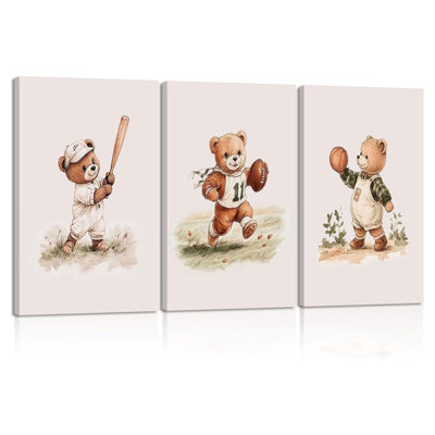 3Pcs Nursery Bear Canvas Wall Art Nursery Animal Poster Prints Teddy Bear Painting Boy Sports Picture Football Basketball Kids Room Artwork Wall Decor For Children Bedroom Playroom 12X16in Framed