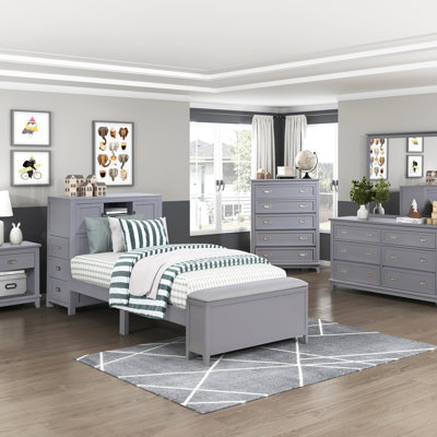 Lit plateforme avec tiroir et tête de lit avec bibliothèque, bureau caché, pied de lit, banc de rangement, mobilier de chambre à coucher, 1 pièce