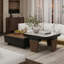 Ensemble de tables basses gigognes 2 pièces 32 "avec plateau en pierre frittée d'aspect travertin, placage de noyer et rangement caché