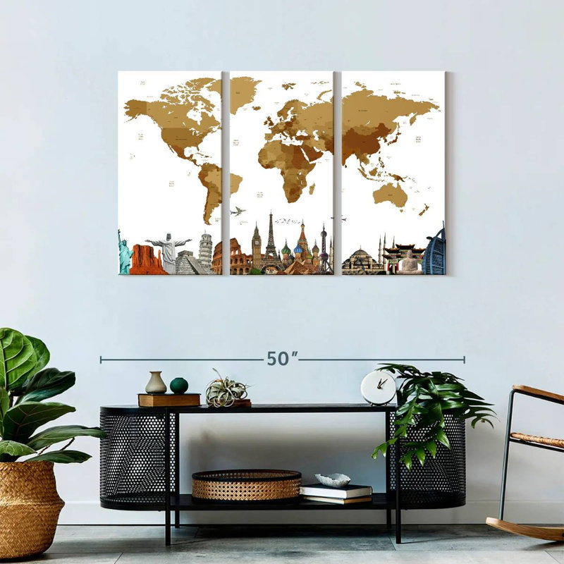 Carte du monde en bronze 3 pièces, H 28 po x l 45 po x P 1,25 po