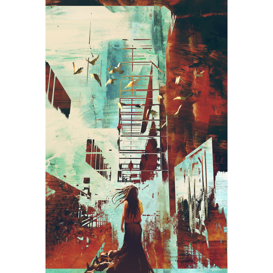 Leinwandbild Woman Standing Against Abstract Achitecture With Grunge Texture