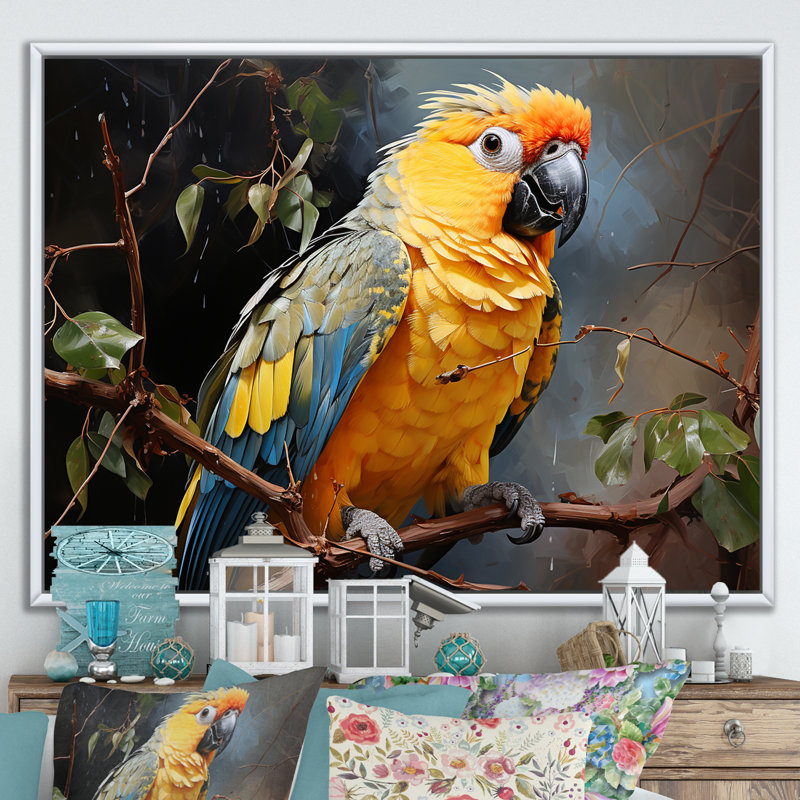 Perroquet harmonie tropicale - décoration murale perroquet, Cadre flottant blanc, H 30 po x l 40 po x P 1,5 po