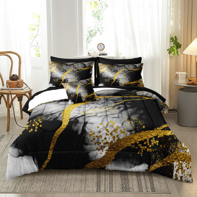 8 Pieces Bed in a Bag Queen Size,Black and Gold Marble Comforter Set for Boys Girls,Watercolor Splash Ink Marble Texture with Gold Decor Modern Bedding,Bedroom Guest Room Decoration