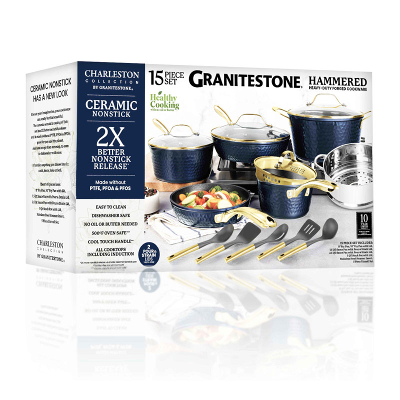 Batterie de cuisine en céramique martelée antiadhésive avec ustensiles 15 pièces Granitestone Charleston Collection, Marine