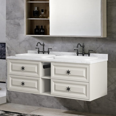 Meuble-lavabo mural flottant avec comptoir, 4 tiroirs et 2 tablettes, sans lavabo, kaki
