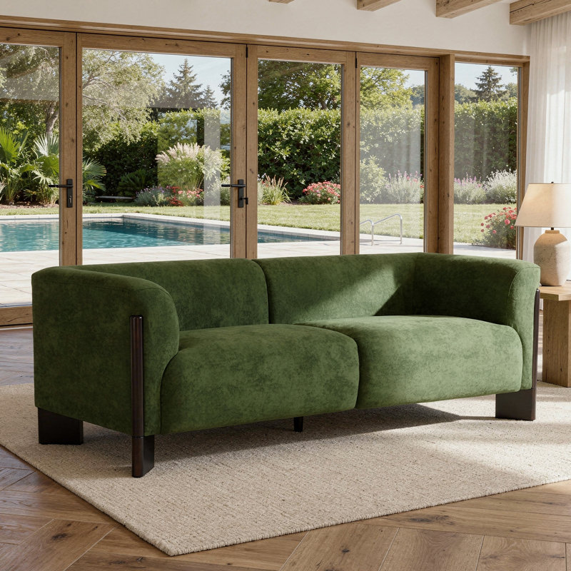 Upholstered Green Chenille 2-Seater Modern Curved Arm Design Sofa With Solid Wood Legs, Green