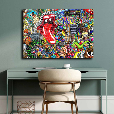 Colorful Cartoon Graffiti Street Scene Wooden Frame Canvas Wall Art – 27.6'' X 39.4''