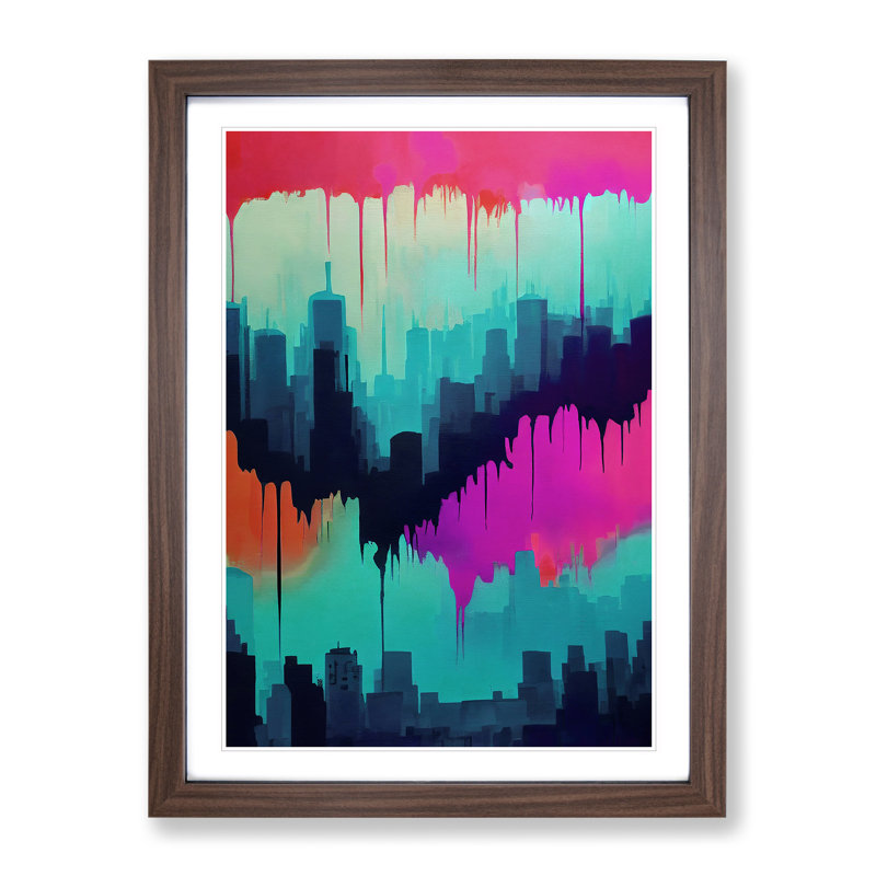 Colourful City Skyline No.2 Abstract - Wall Art, 36cm H x 27cm W x 2cm D, Walnut Framed, White