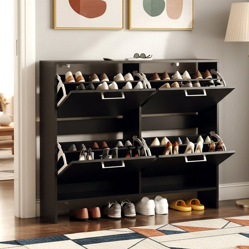 42" W 4-Flip Drawer Flat Top Shoe Cabinet With Silver Metal Handles, Black